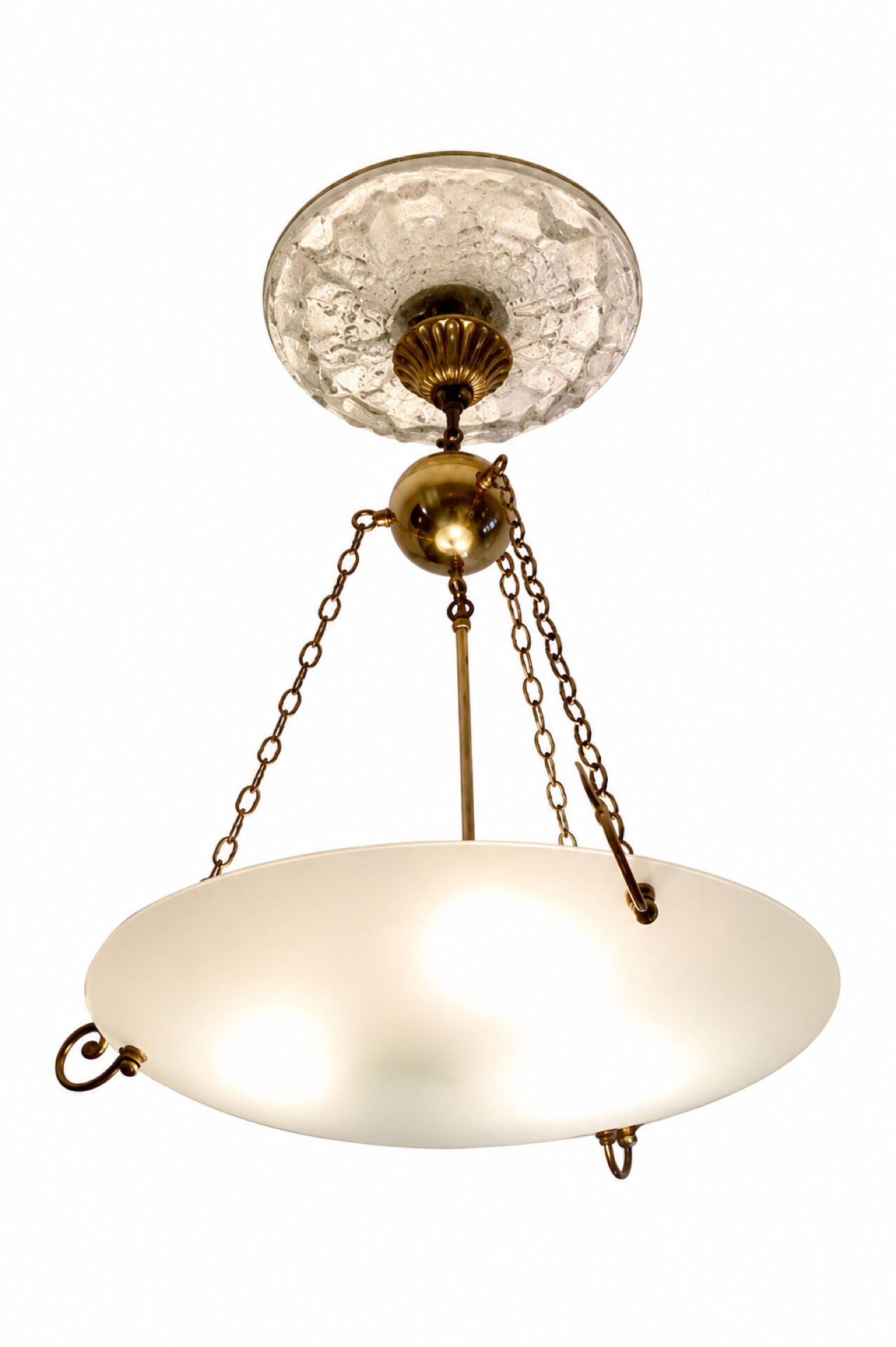 Suspension in brass and satin opal glass, 3 lights, classic style
