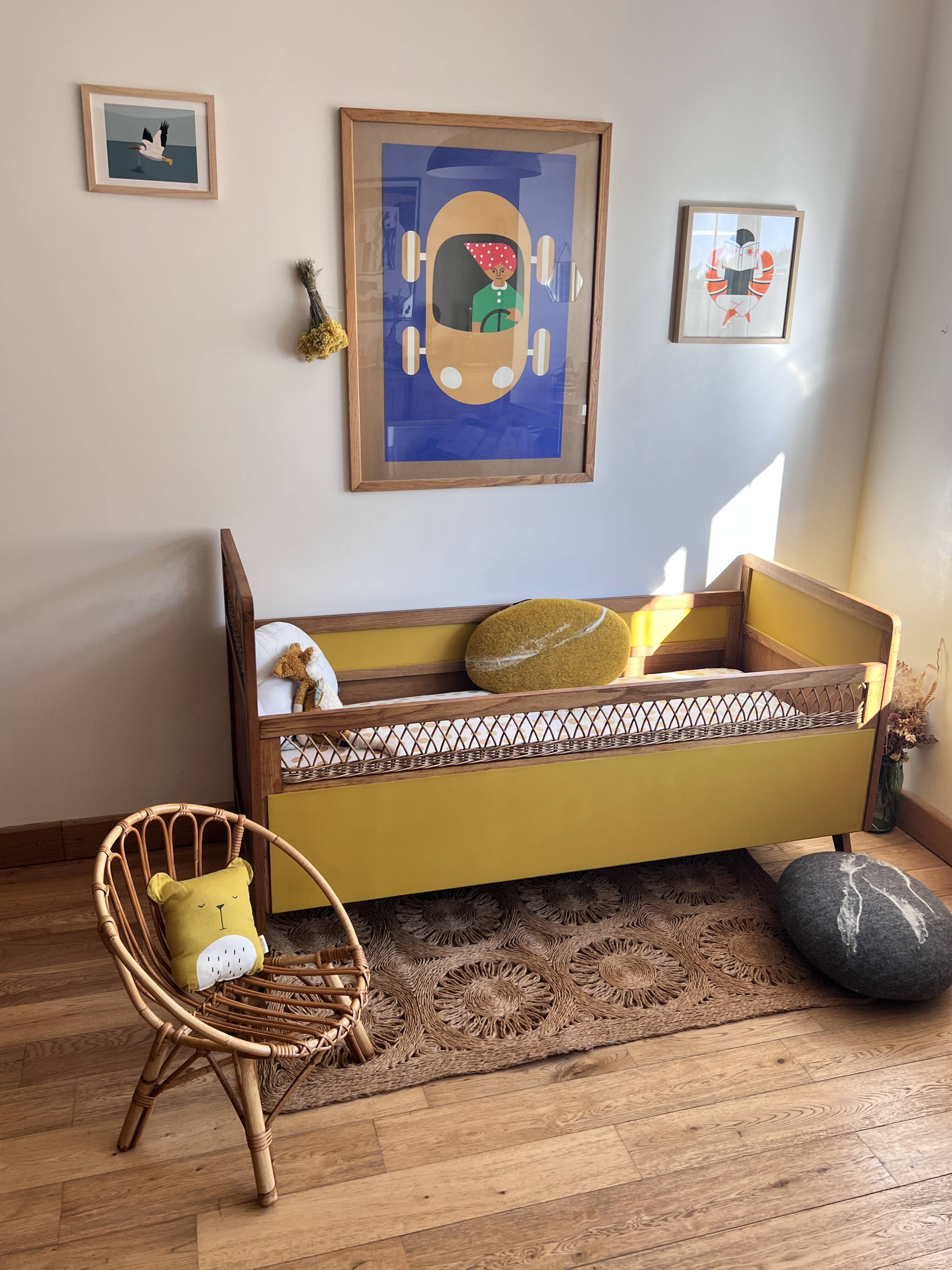 Vintage rattan and wood baby bed