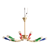 Vintage chandelier colorful brass 10 arms multicolored