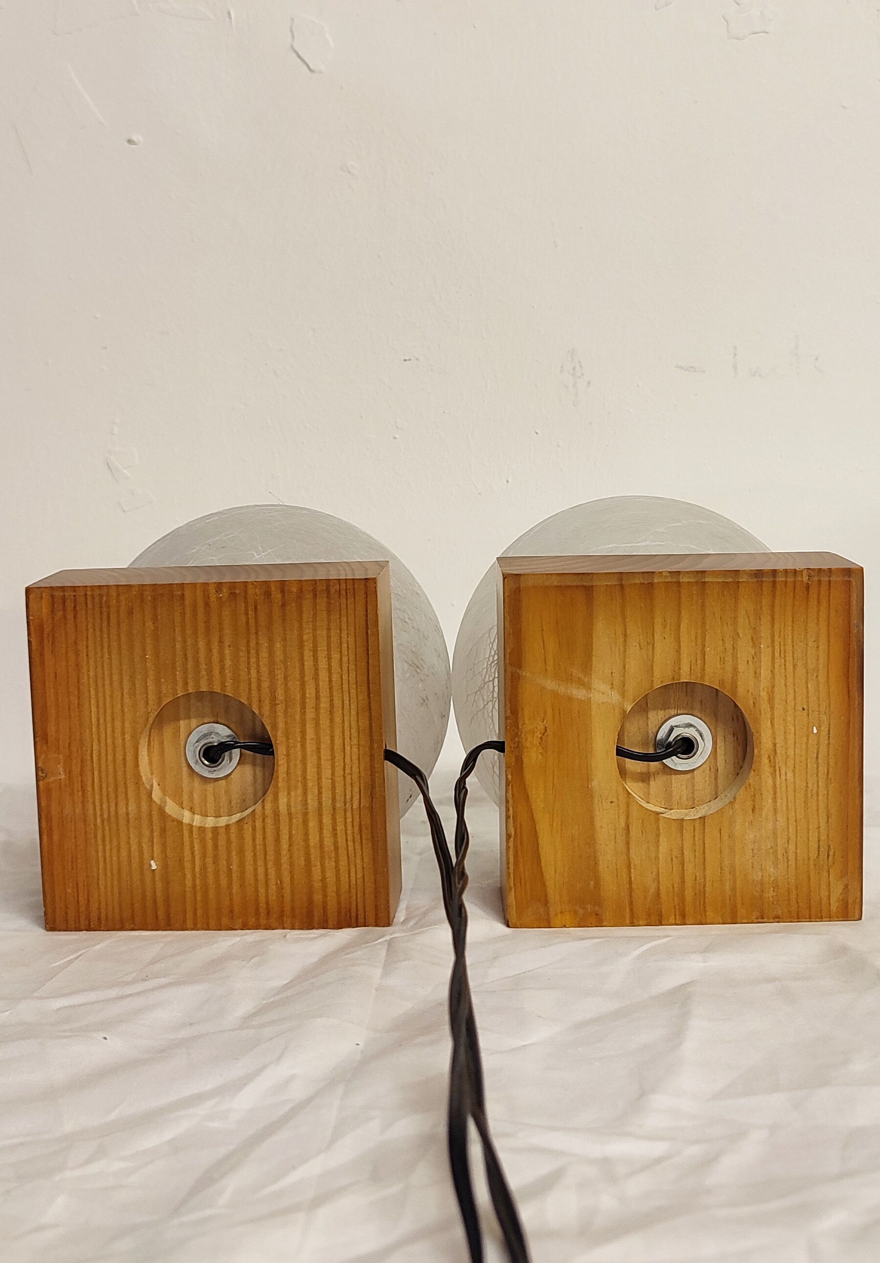 Pair of wooden and glass table lamps. Italy, 1970s.