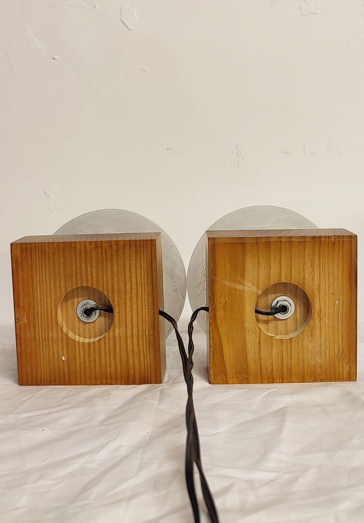 Pair of wooden and glass table lamps. Italy, 1970s.