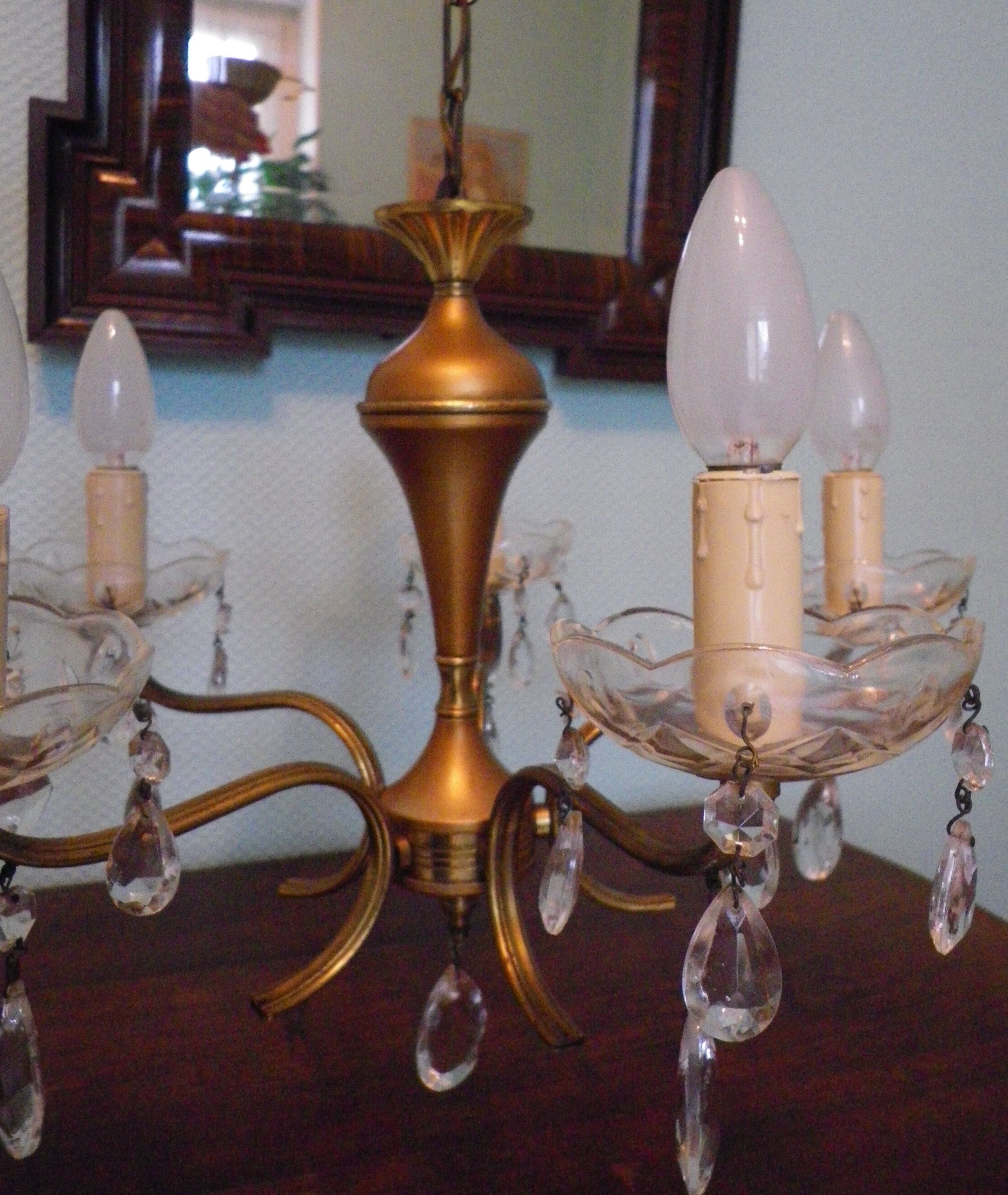Suspension 5 lights, gold metal, glass cups with glass grapevines
