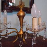 Suspension 5 feux, métal doré, coupelles en verre agrémentées de pampilles en verre