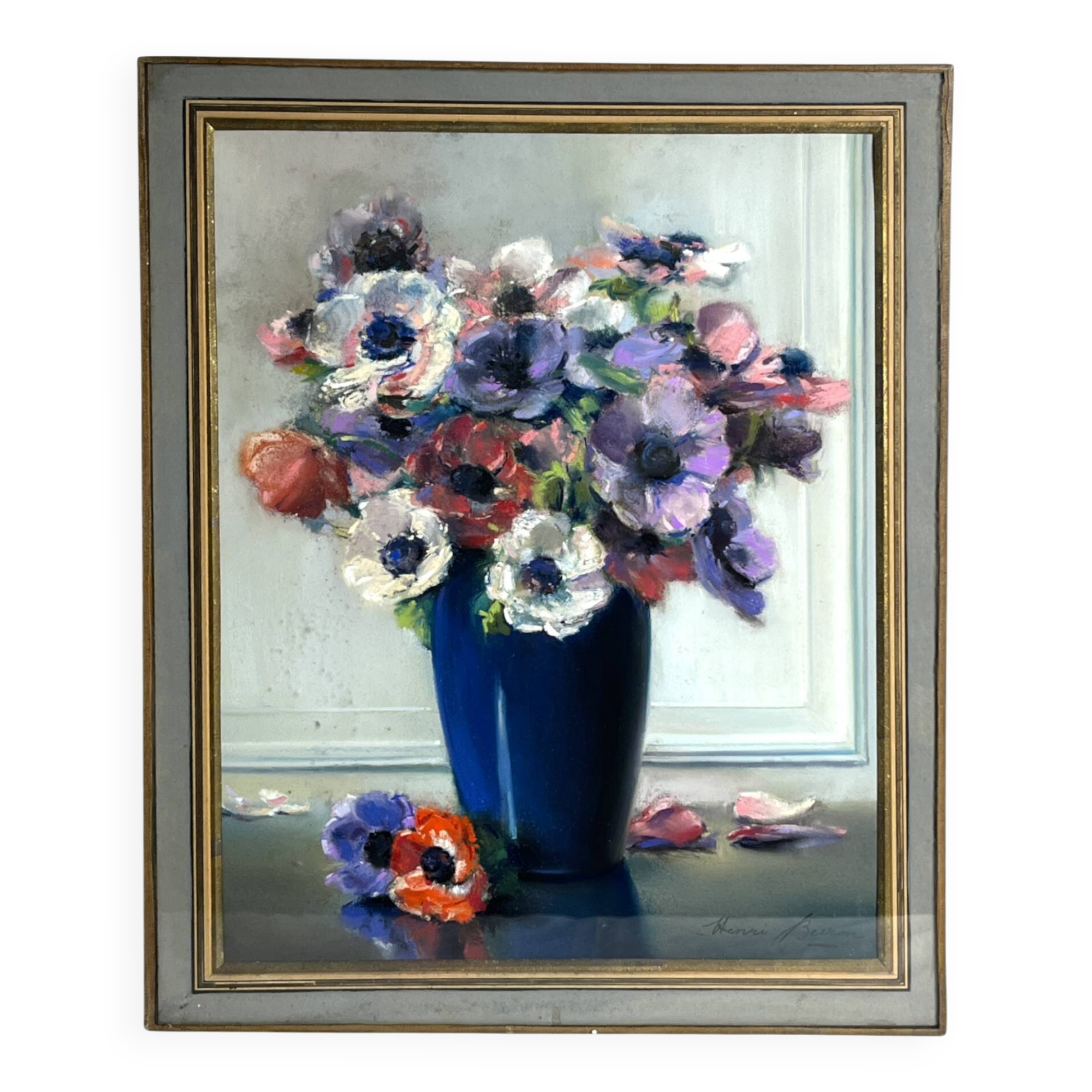 BURON Henri, Pastel still life bouquet of anemones signed around 1950