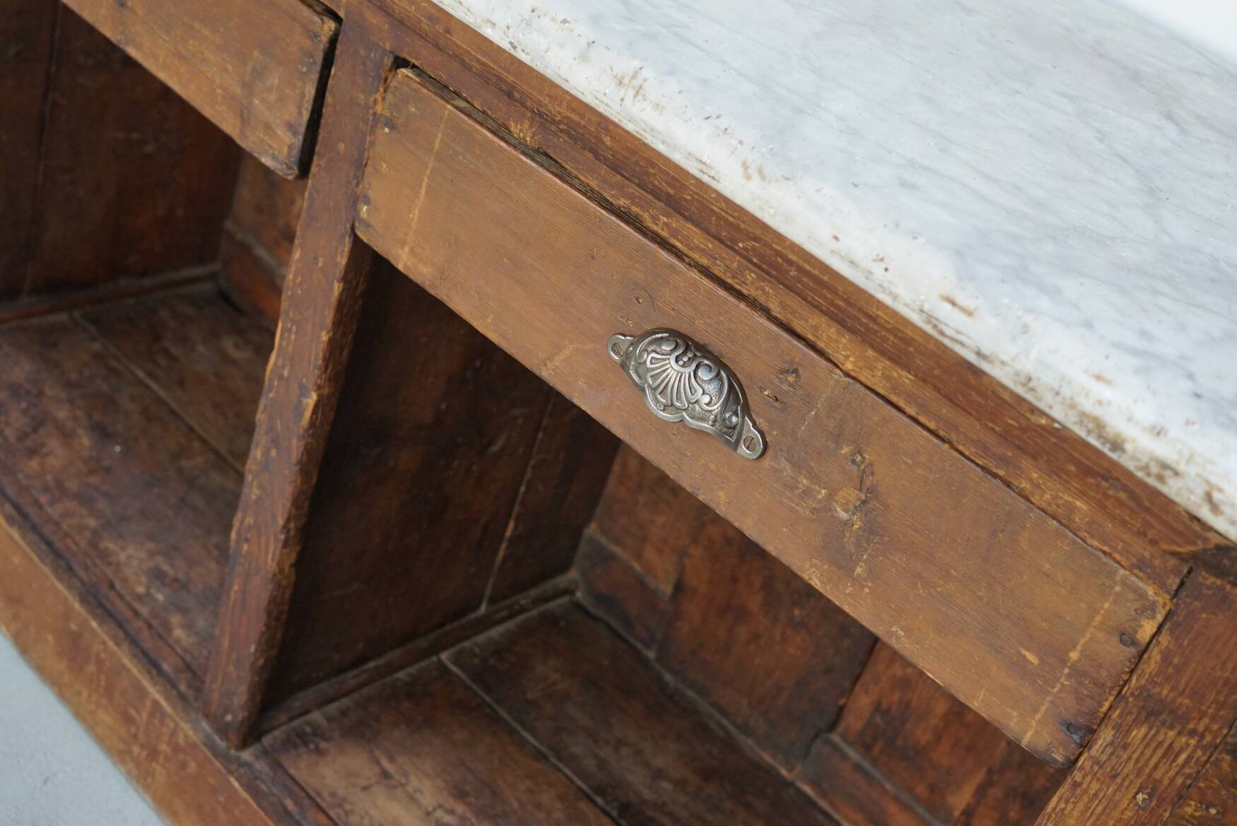 Antique Shop Counter / Kitchen Island in Dutch Pine and Marble, 19th Century