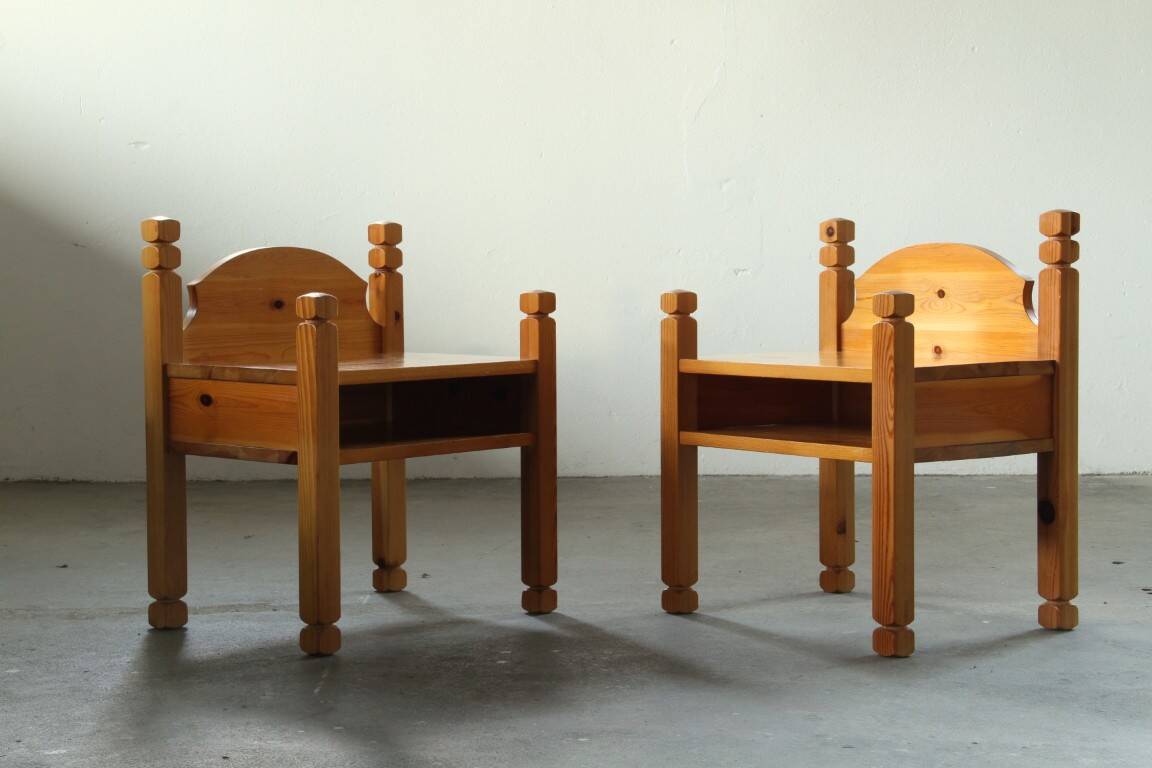 Pair of vintage chunky solid pine bedside tables, Denmark, 1970s