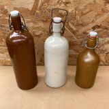 Set of 3 old brown & white stoneware bottles vintage kitchen
