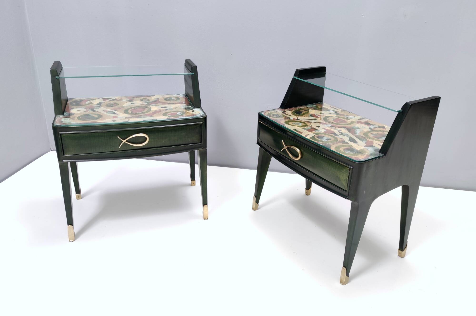 Pair of Dark Green Wooden Nightstands in 1950s Style with a Decorated Top,