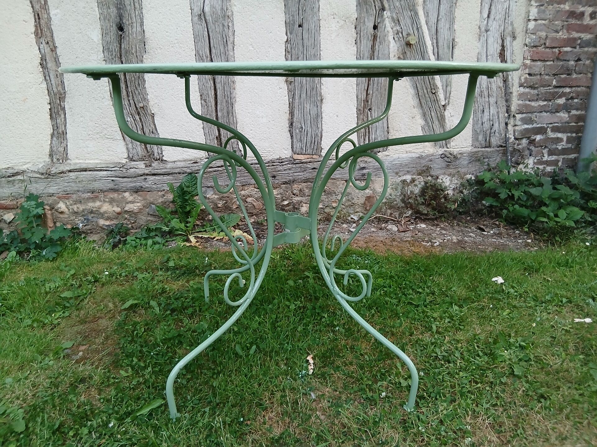 Salon de jardin 1 table 4 fauteuils fer forgé ancien vert Provence