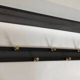 Coat rack in black lacquered metal, perforated sheet metal and brass in the style of Mathieu Matégot