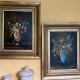 F. Domínguez, floral bodegones, 1945, oil on cardboard box, game of 2