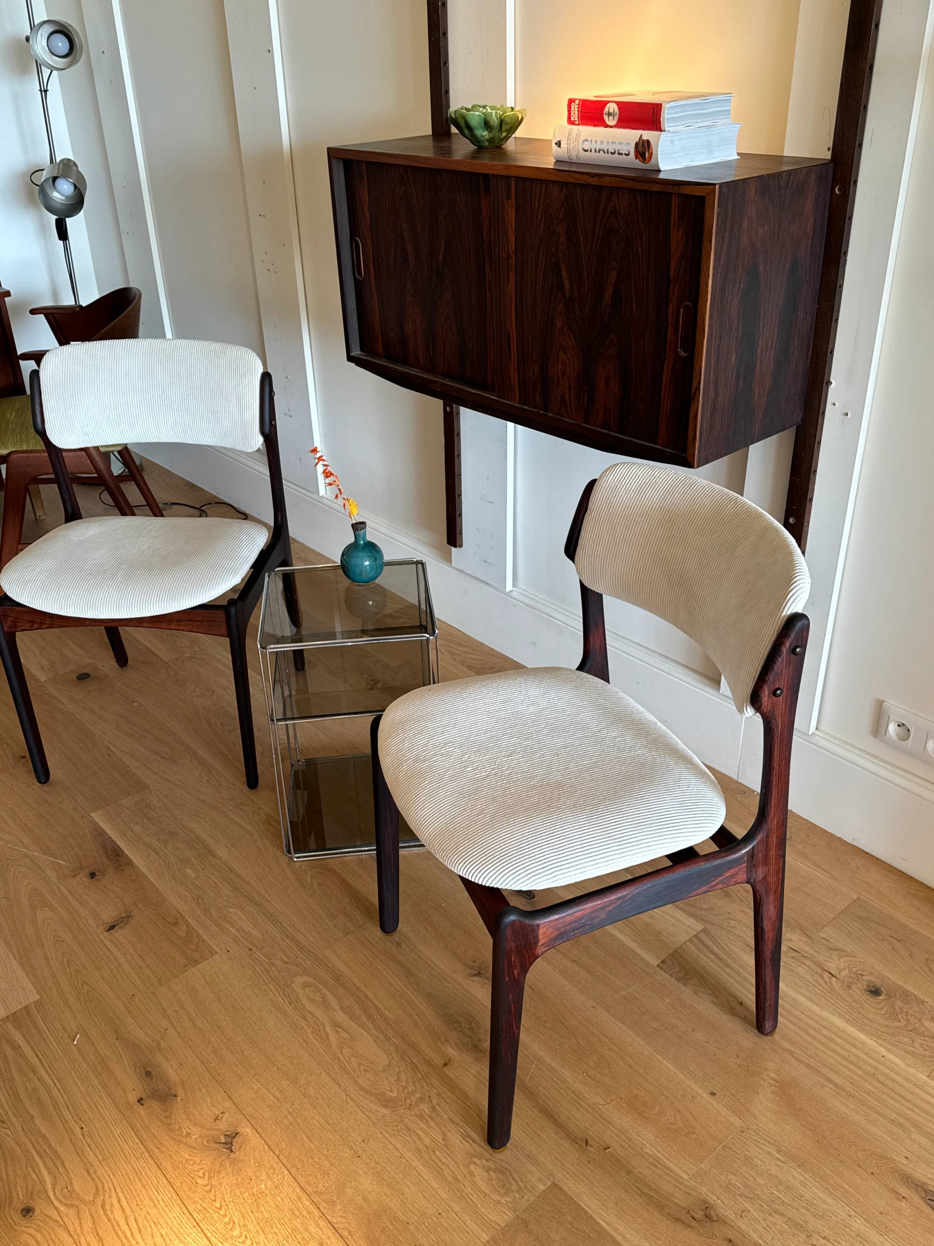 Pair of vintage Scandinavian chairs by Erik Buch model 49 in cream velvet.