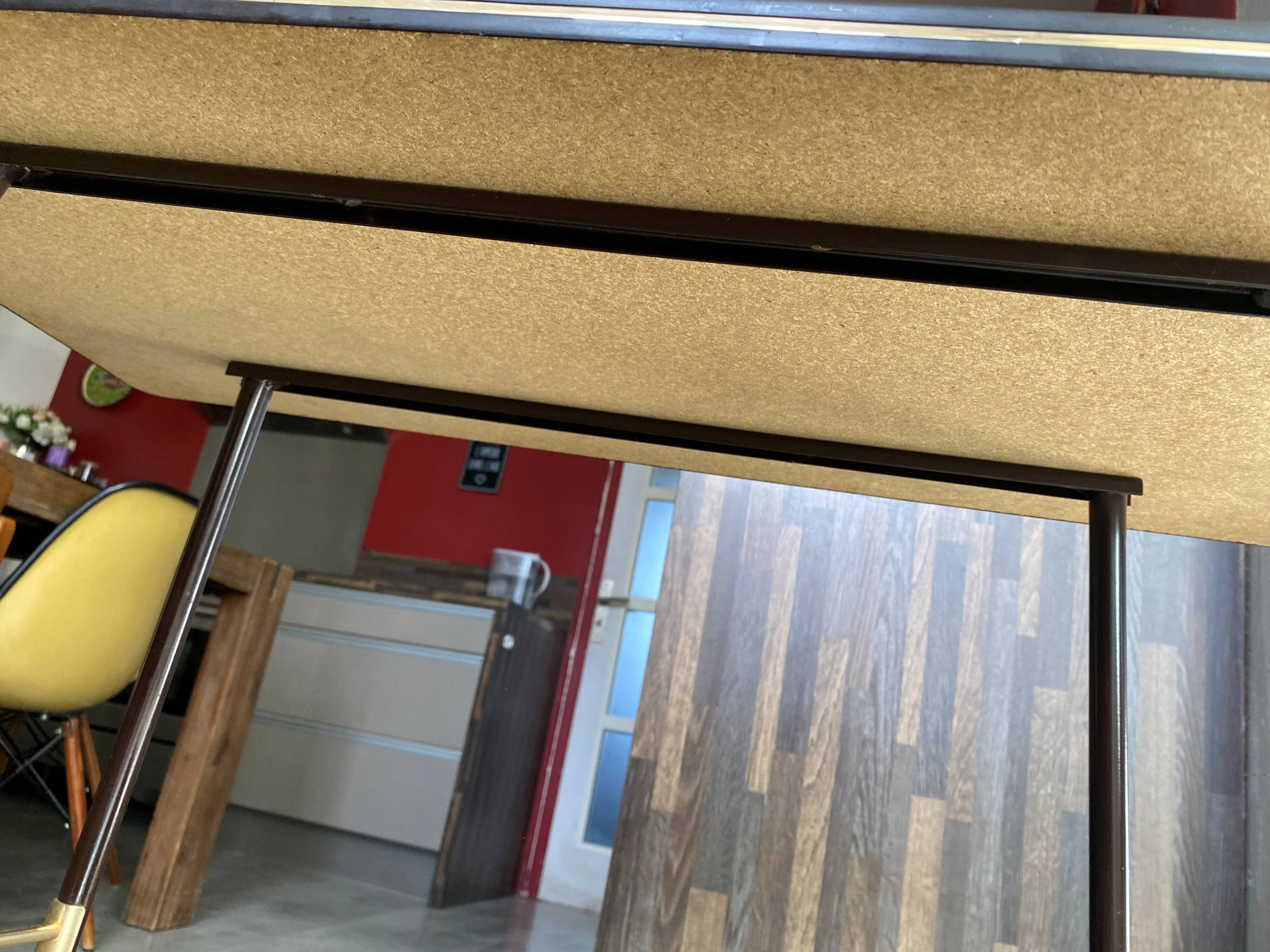 TV stand on casters, 2 brown Formica shelves, 1960s