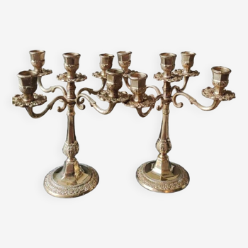 Pair of vintage candlesticks/candelabras. In golden patinated brass. 60s/70s. Art Nouveau style. Chiseled Floral/Deciduous patterns