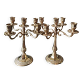 Pair of vintage candlesticks/candelabras. In golden patinated brass. 60s/70s. Art Nouveau style. Chiseled Floral/Deciduous patterns
