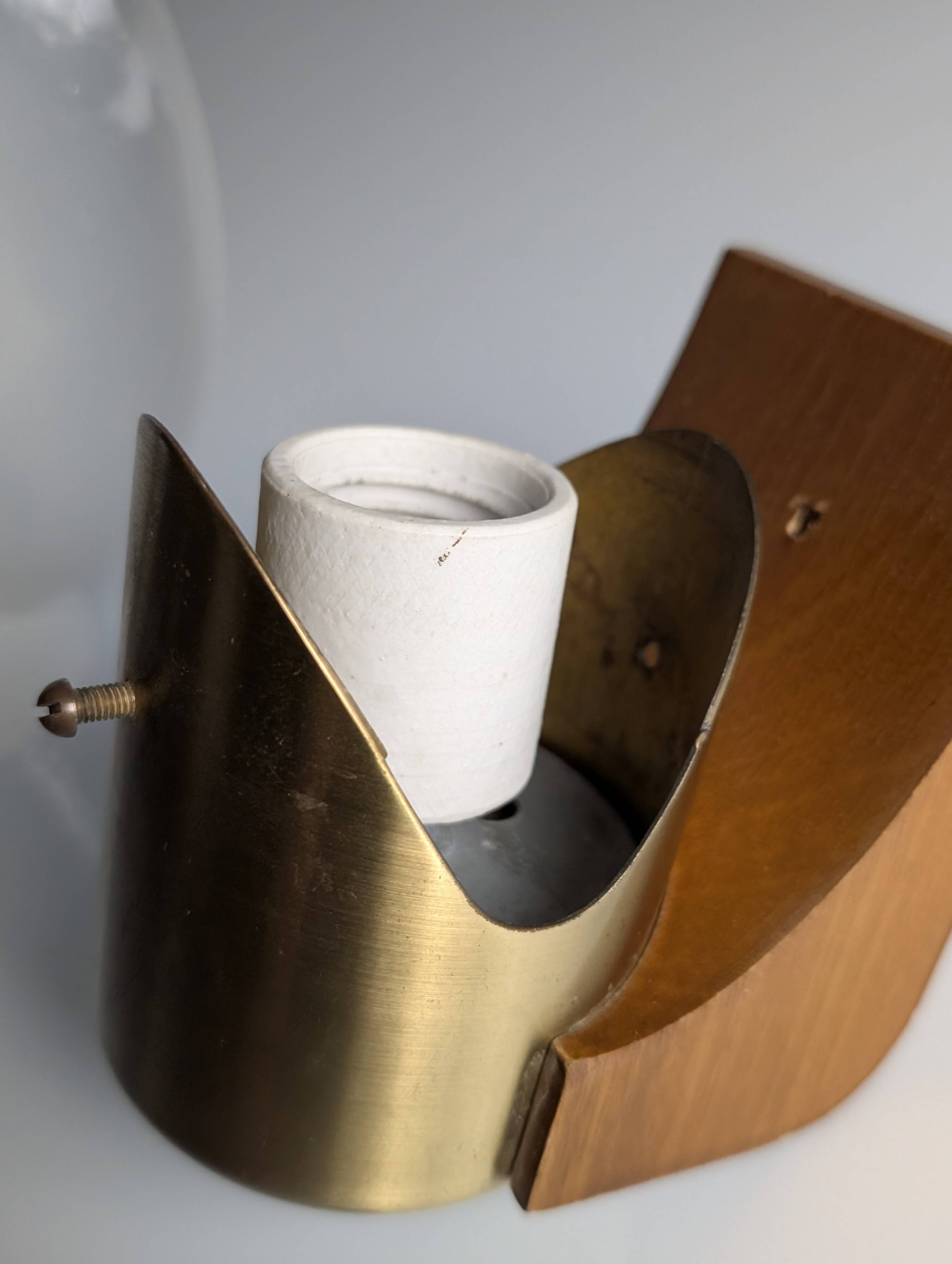 Vintage Wood, Brass and Two-Tone Oval Glass Wall Lamp, Italy, 1970s