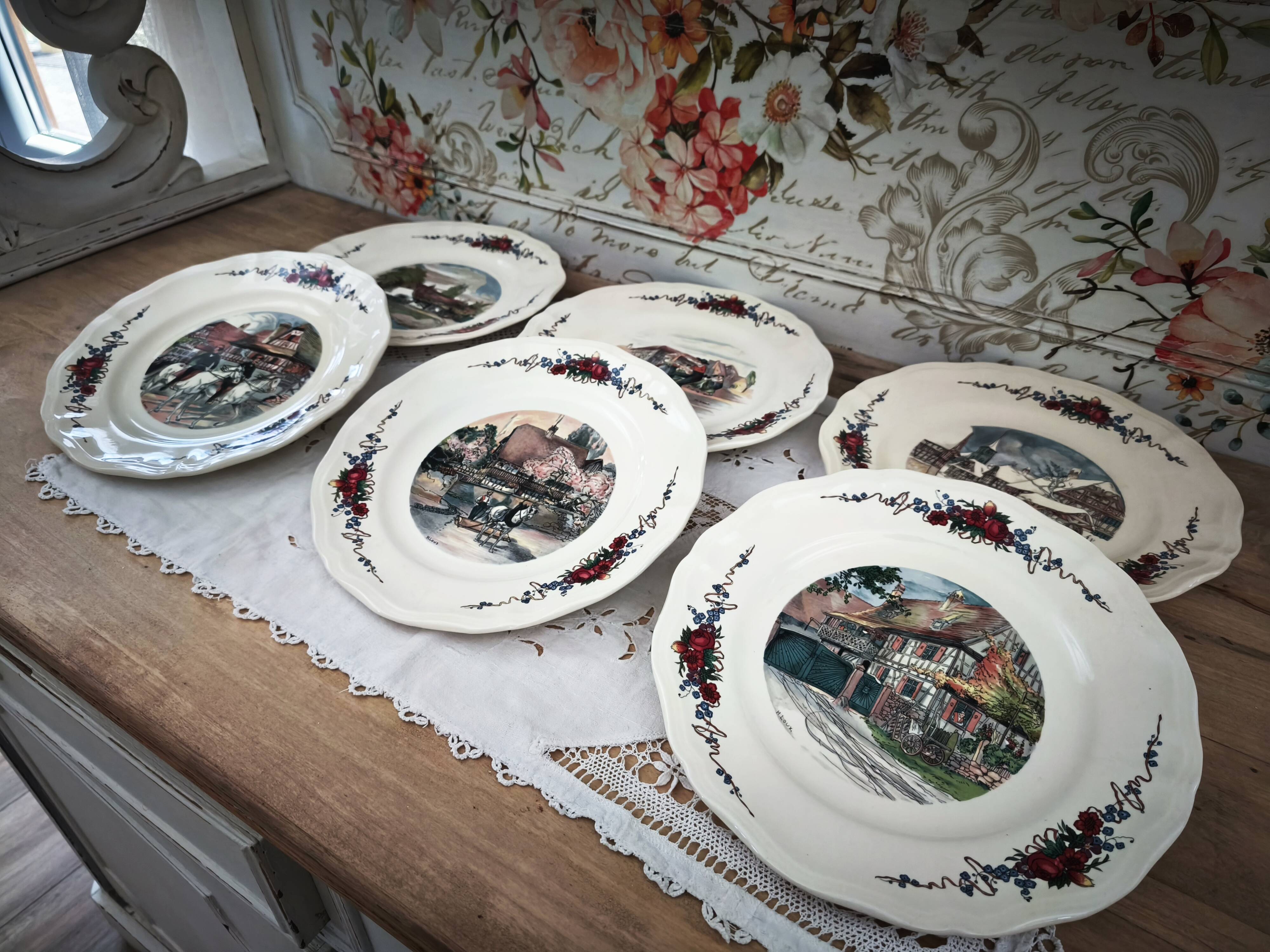 Set of 6 flat plates Sarreguemines model Obernai