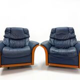 Ekornes Stressless — Pair of Adjustable Swivel Armchairs — Blue Leather