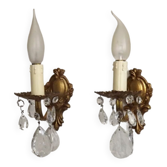 Pair Of Beautiful French Vintage Bronze and Crystal Single Wall Lights 4401