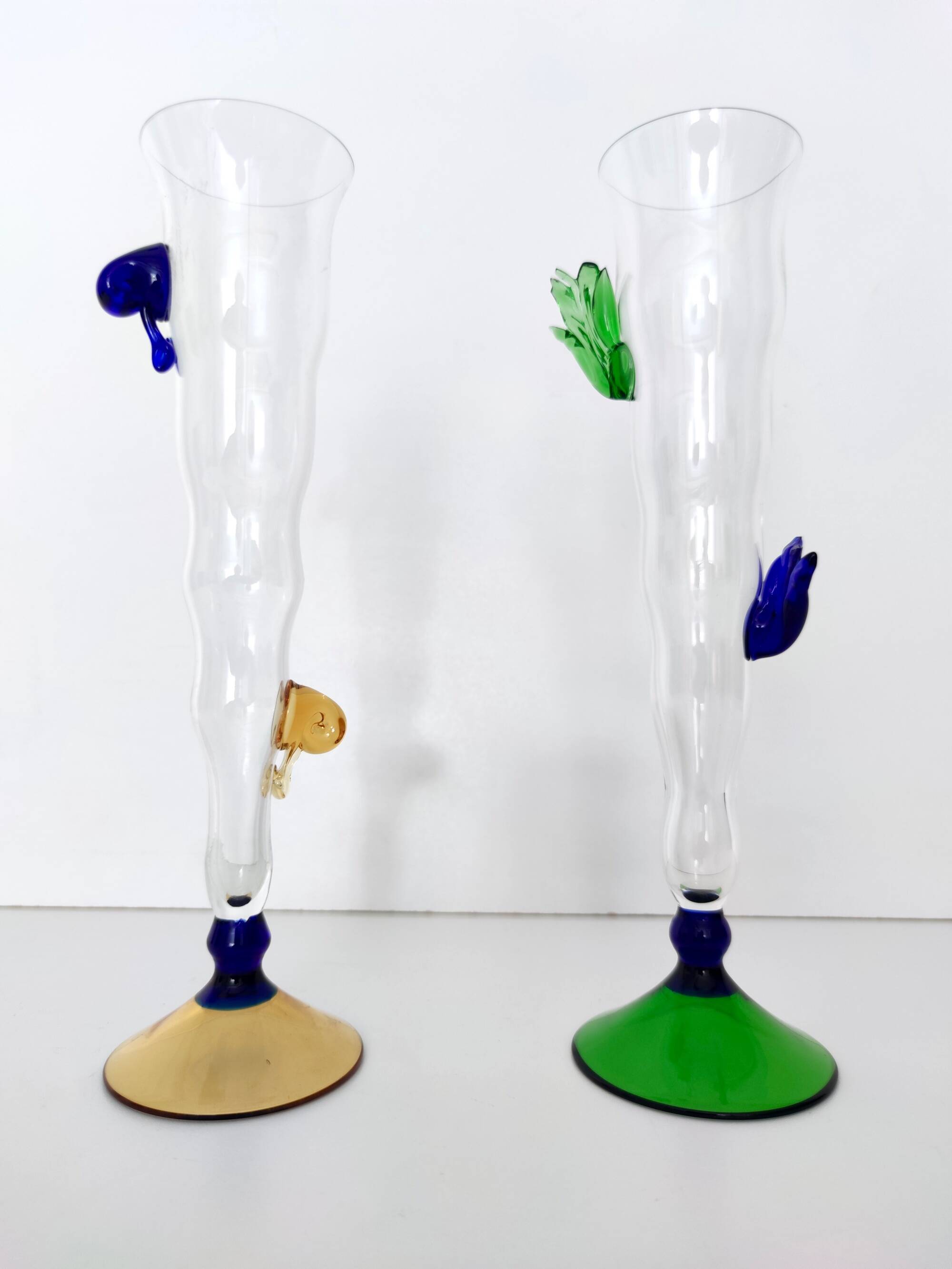 Pair of Transparent Murano Glass Flutes with Colored Details, Italy, 1980s