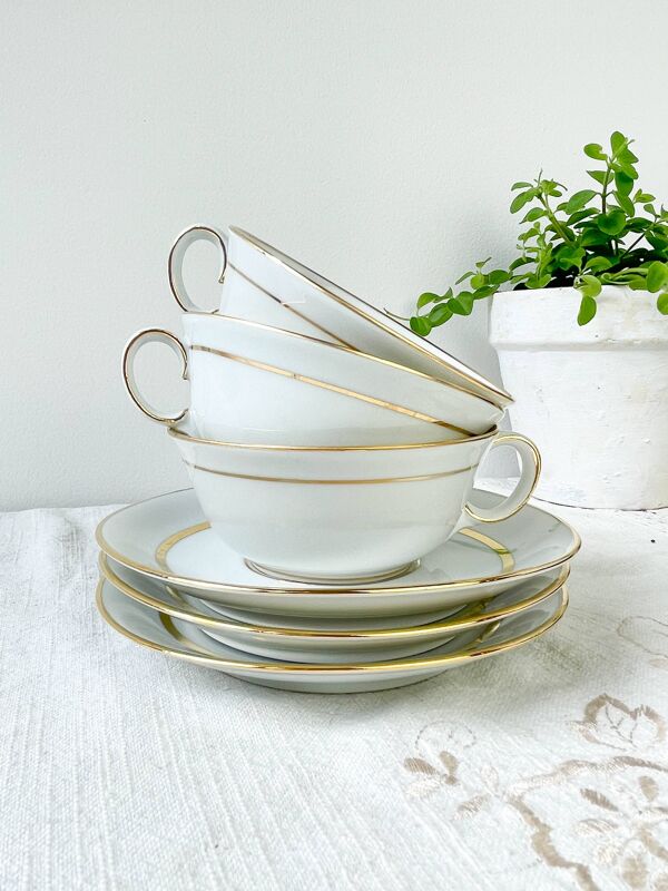 Service à thé/café vintage en porcelaine Bernardaud & Cie Limoges France blanche doré