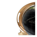 French mid-century school globe with black oceans on printed paper, cream plastic base