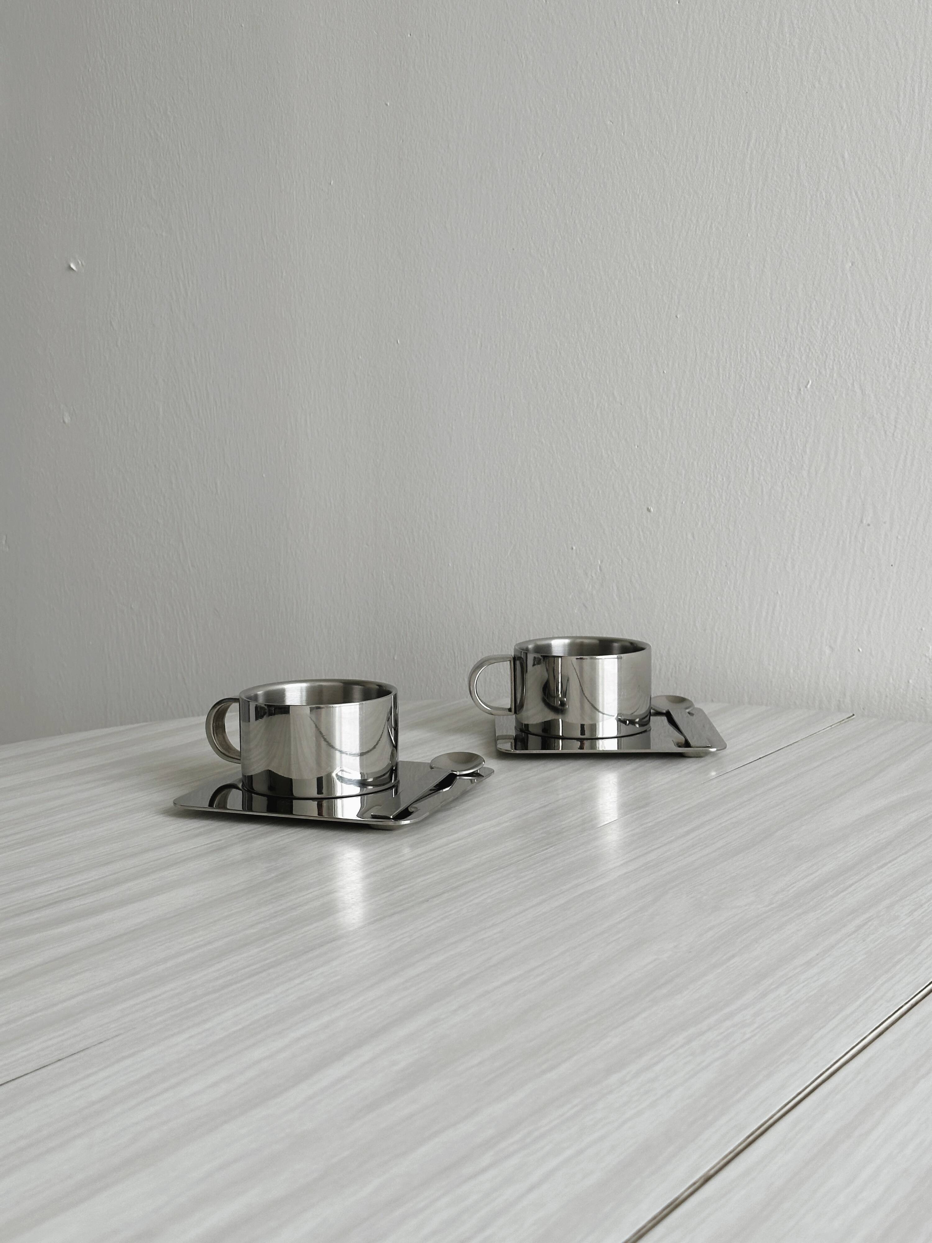 Designer stainless steel cups with tray and spoon