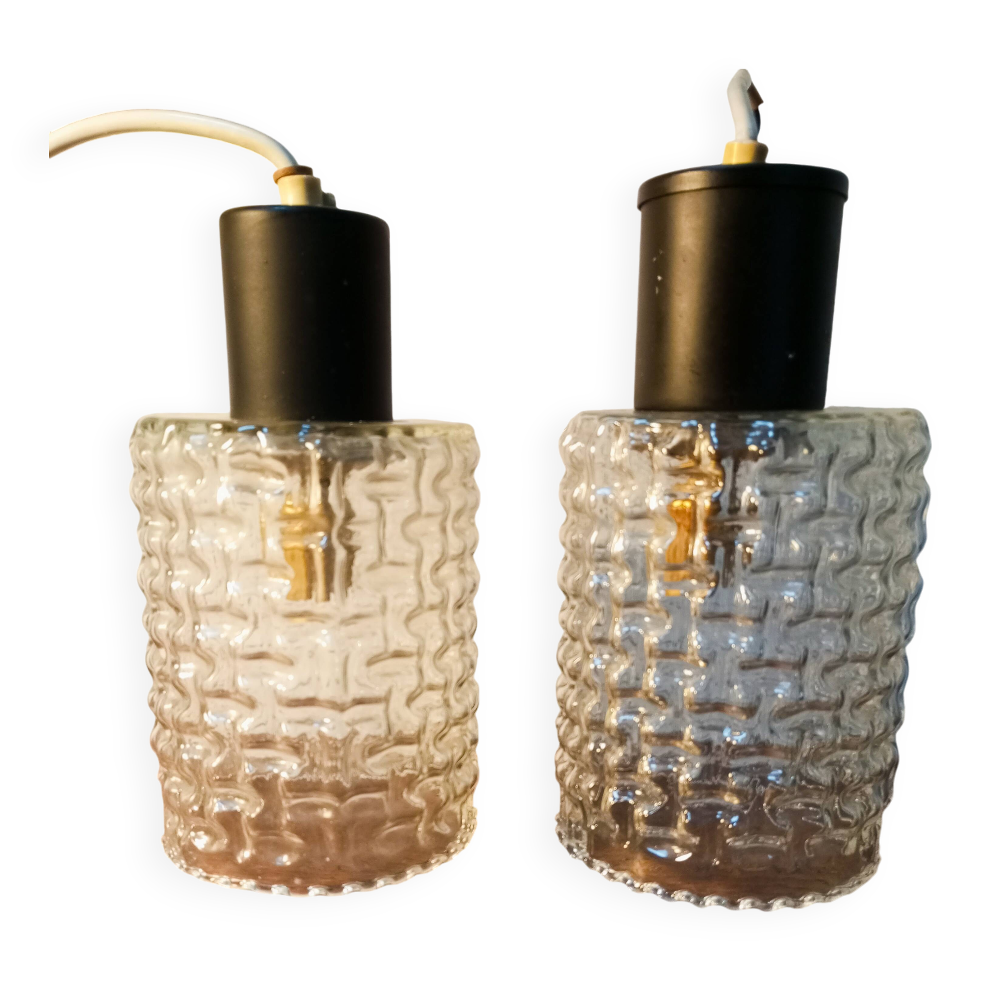 Pair of hanging lamps, glass and metal portable lamps
