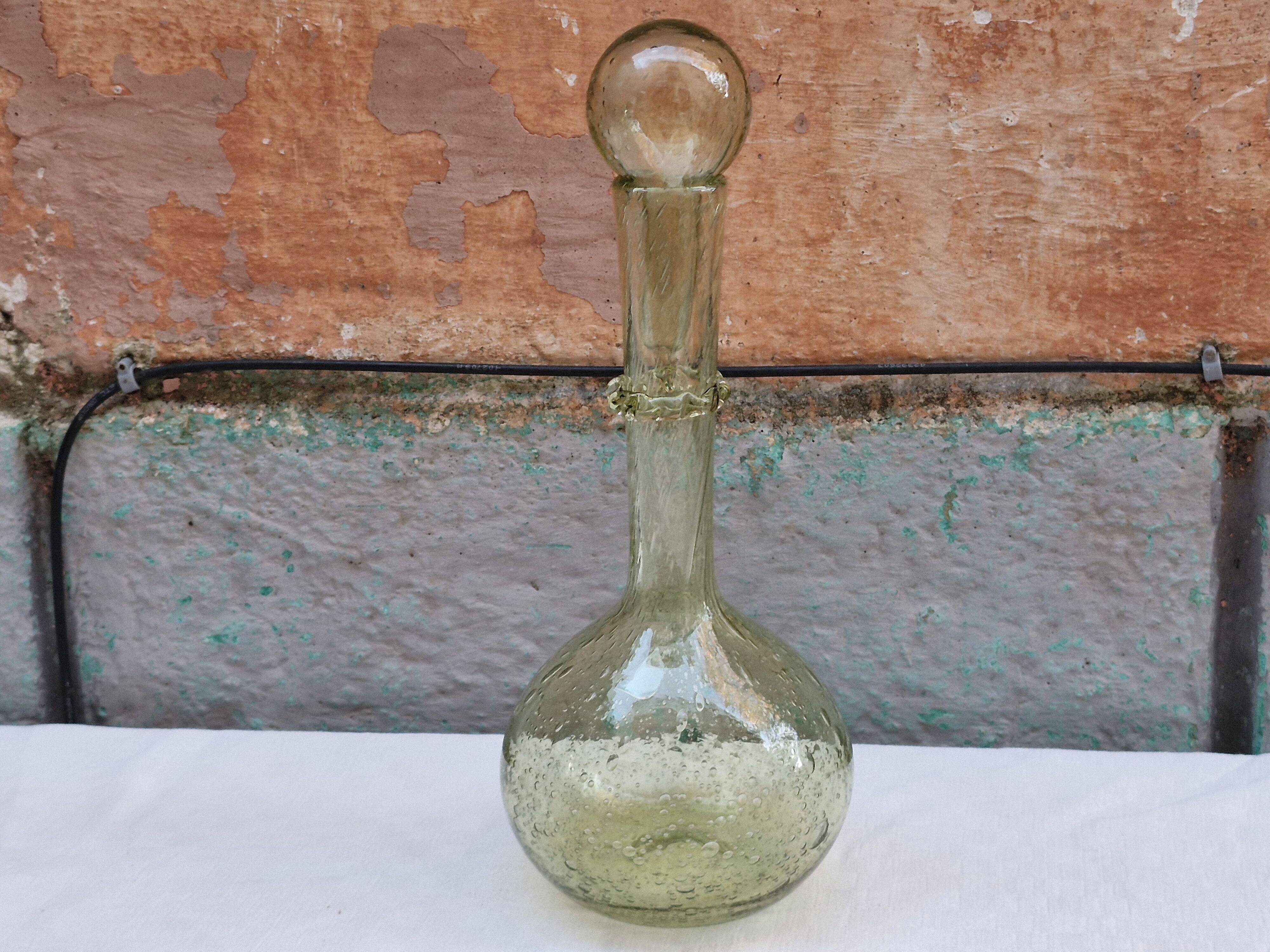 Vintage carafe signed Biot, blown glass, bubbled.