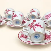 Coffee service Limoges Raynaud & Co – 8 porcelain cups with pink flowers