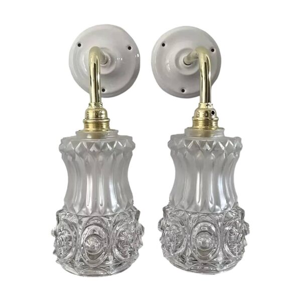 Paire d’appliques vintage dorées et verre ciselé