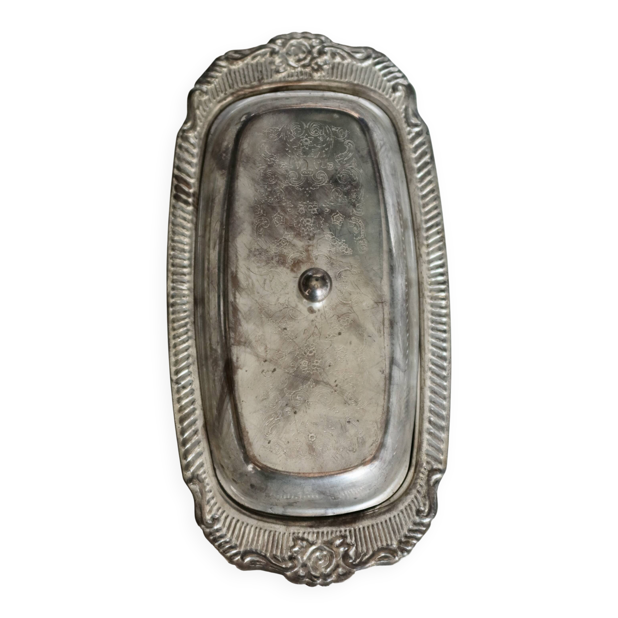Vintage silver-plated butter dish in rococo style - Glass compartment - Knife