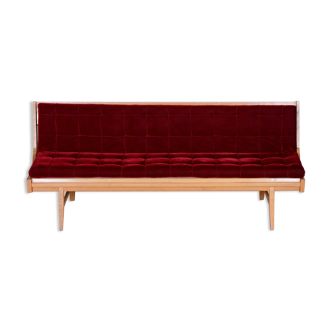 Red Midcentury Modern Oak Sofa, 1950s, Original well preserved upholstery