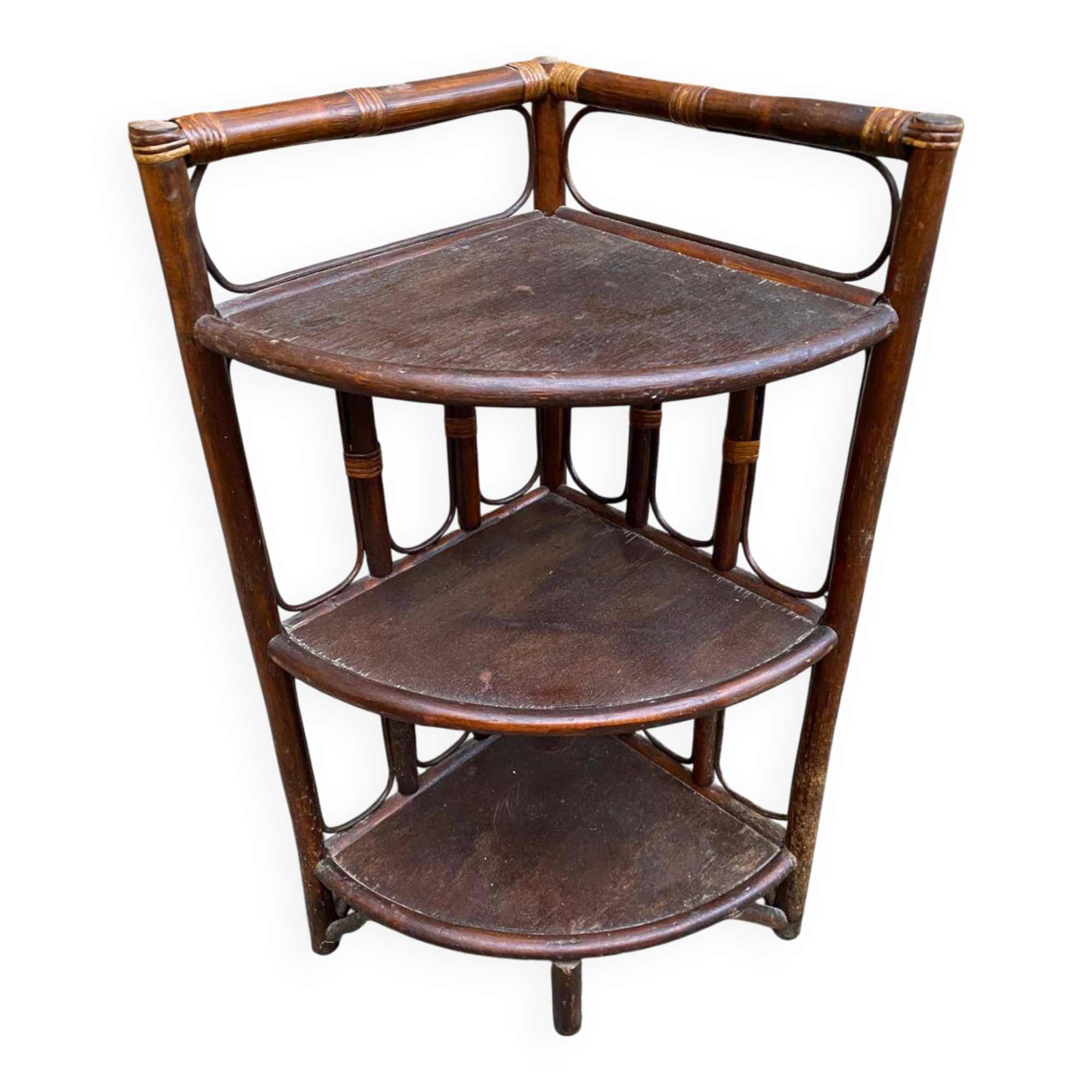 Étagère d'angle vintage rotin et osier 3 niveaux