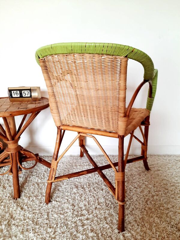 Fauteuil en rotin des années 50s 60s liseré vert pomme noir