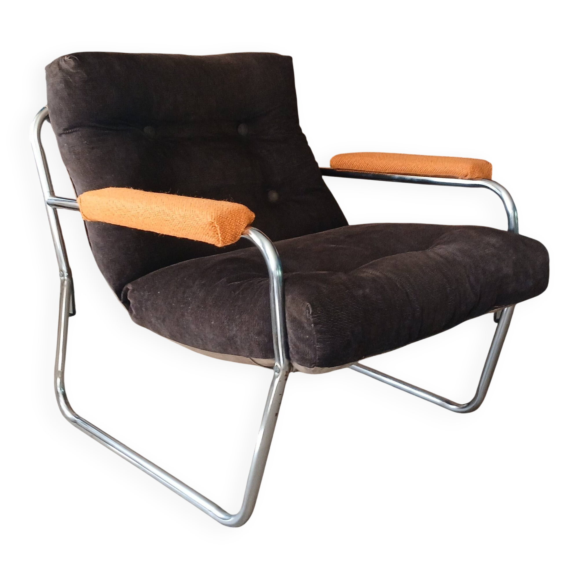 Fauteuil lounge style G.Lundgren pour Ikea, velours & tubes chromés 1970