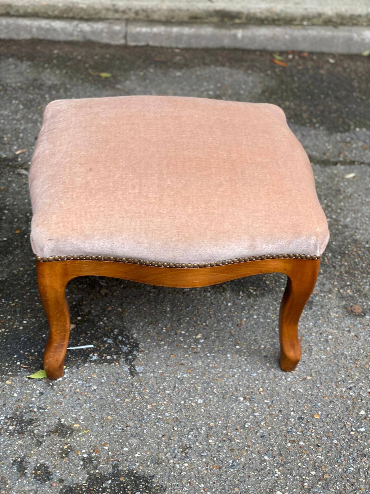 Pair of vintage Louis XV beige velvet footstool pouffes