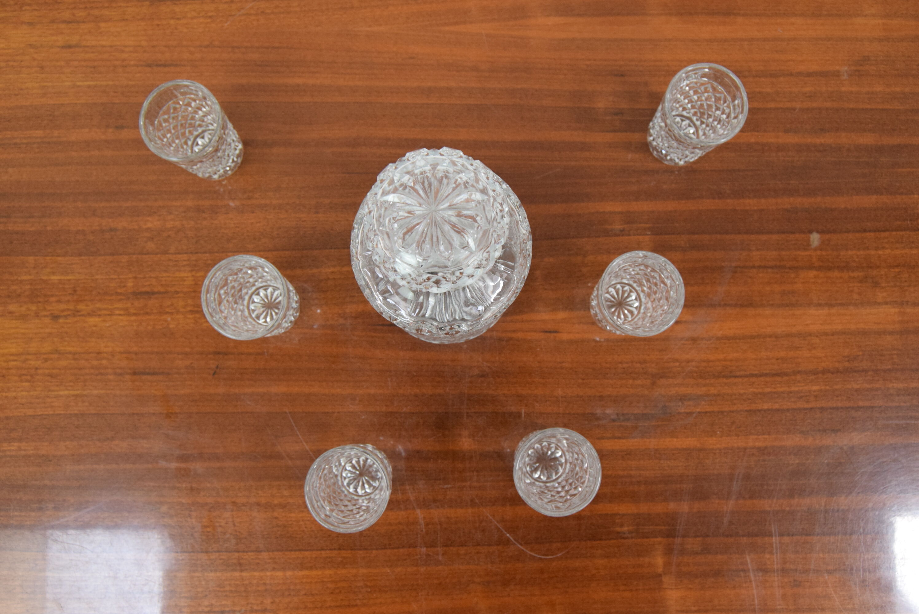 Mid-Century Set of six Glass and Carafe, Bohemia Crystal, 1950´s