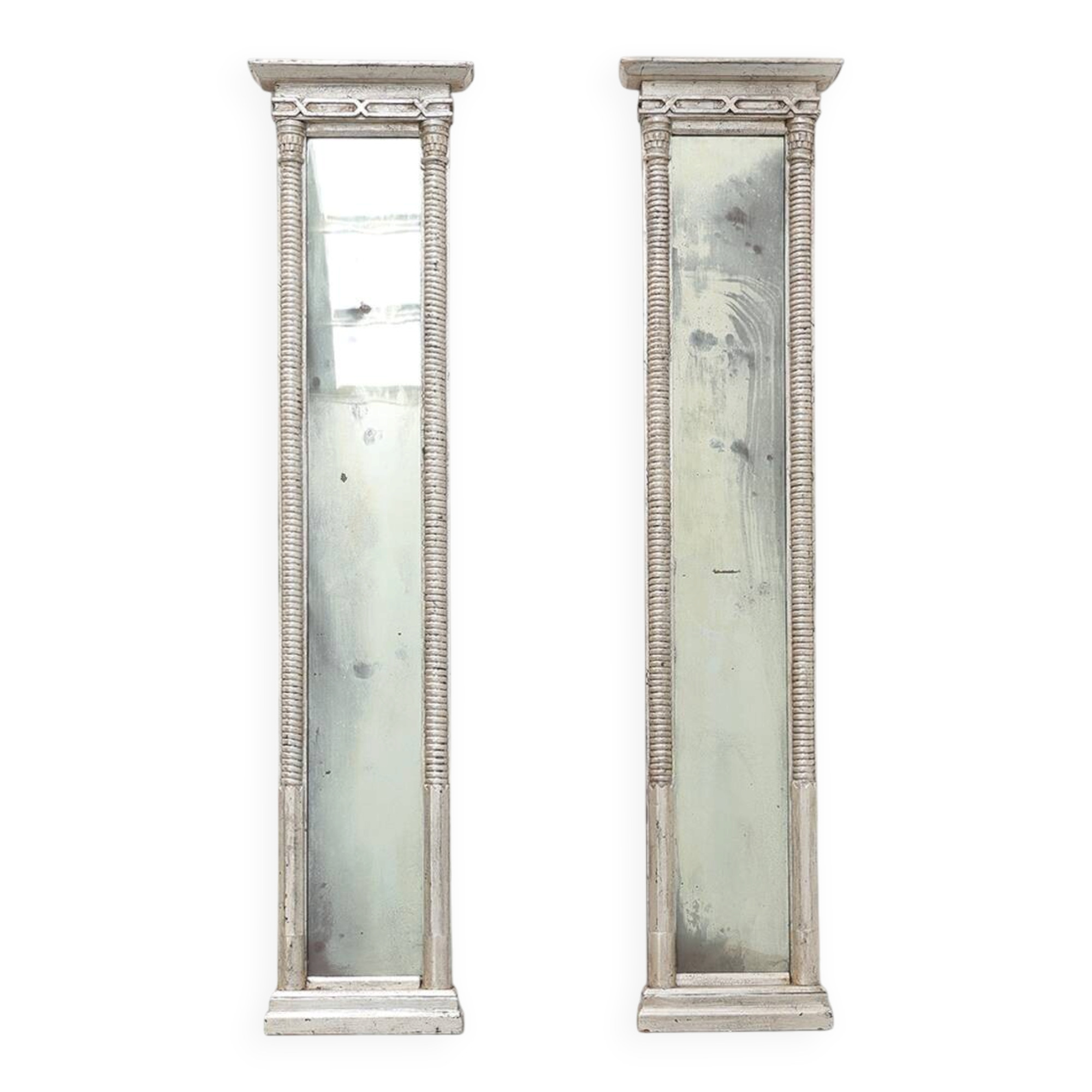 Pair of Neoclassical Silver Leaf Pier Mirrors with Ringed Columns and Corni