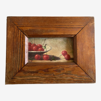 Huile sur bois fruits nature morte aux cerises fin 19e