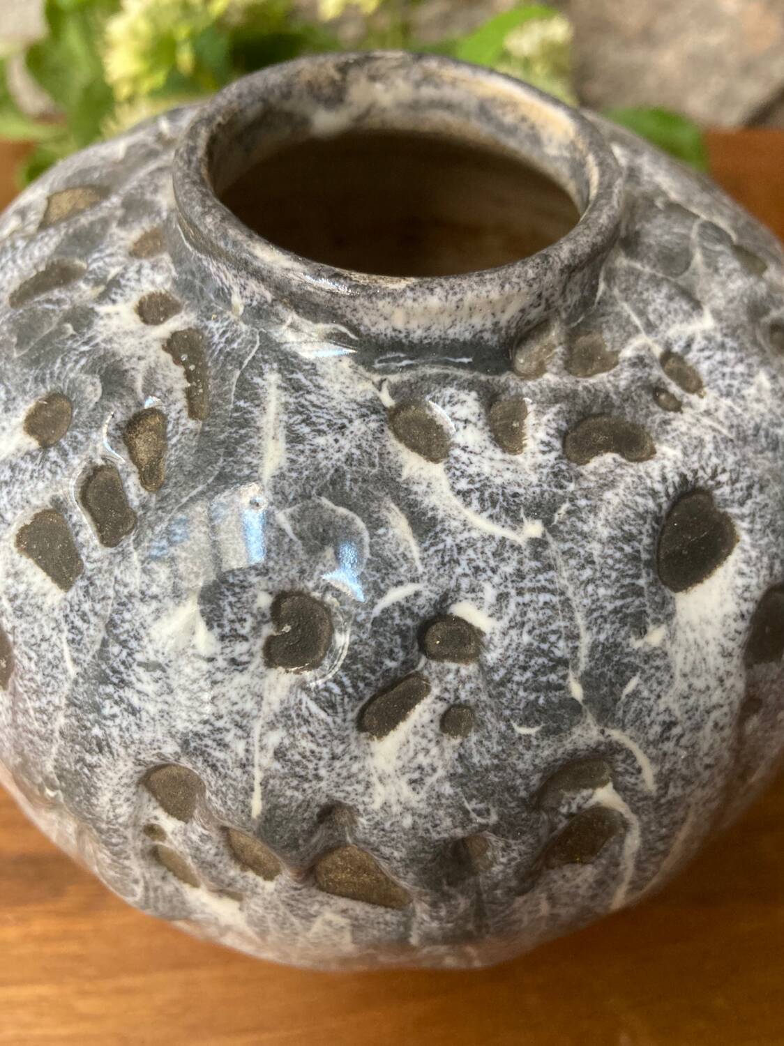 Small gray enameled ball vase from the 1930s