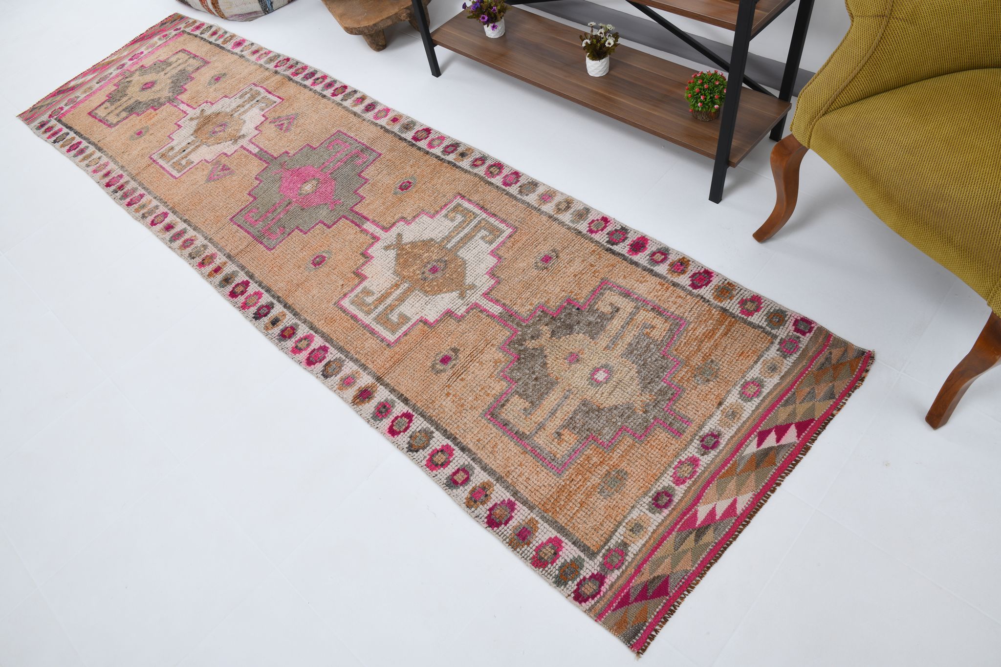 Neutral color handmade runner rug 317x87cm