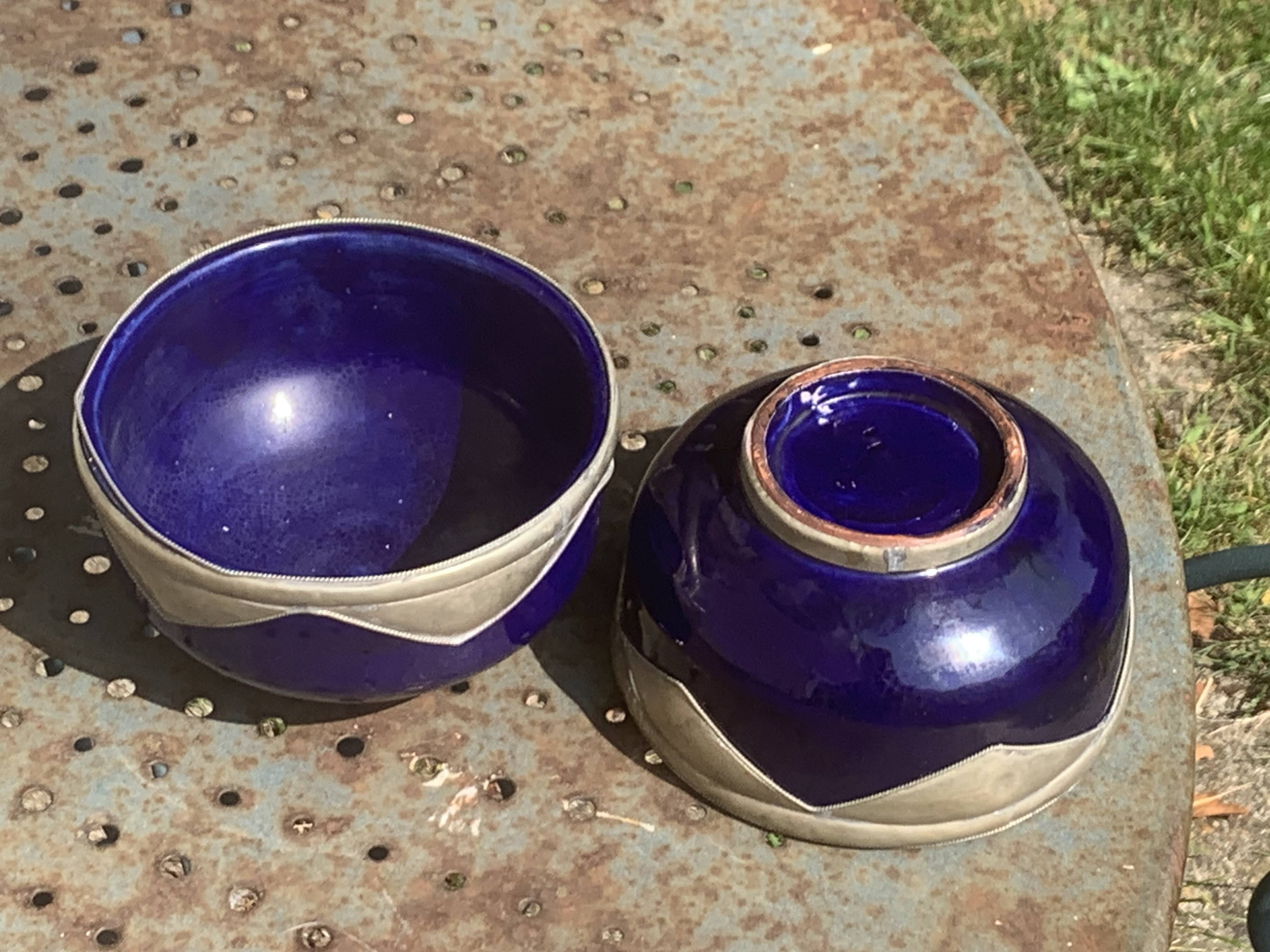 Two blue glazed ceramic and tin bowls, handmade, vintage oriental