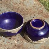 Two blue glazed ceramic and tin bowls, handmade, vintage oriental
