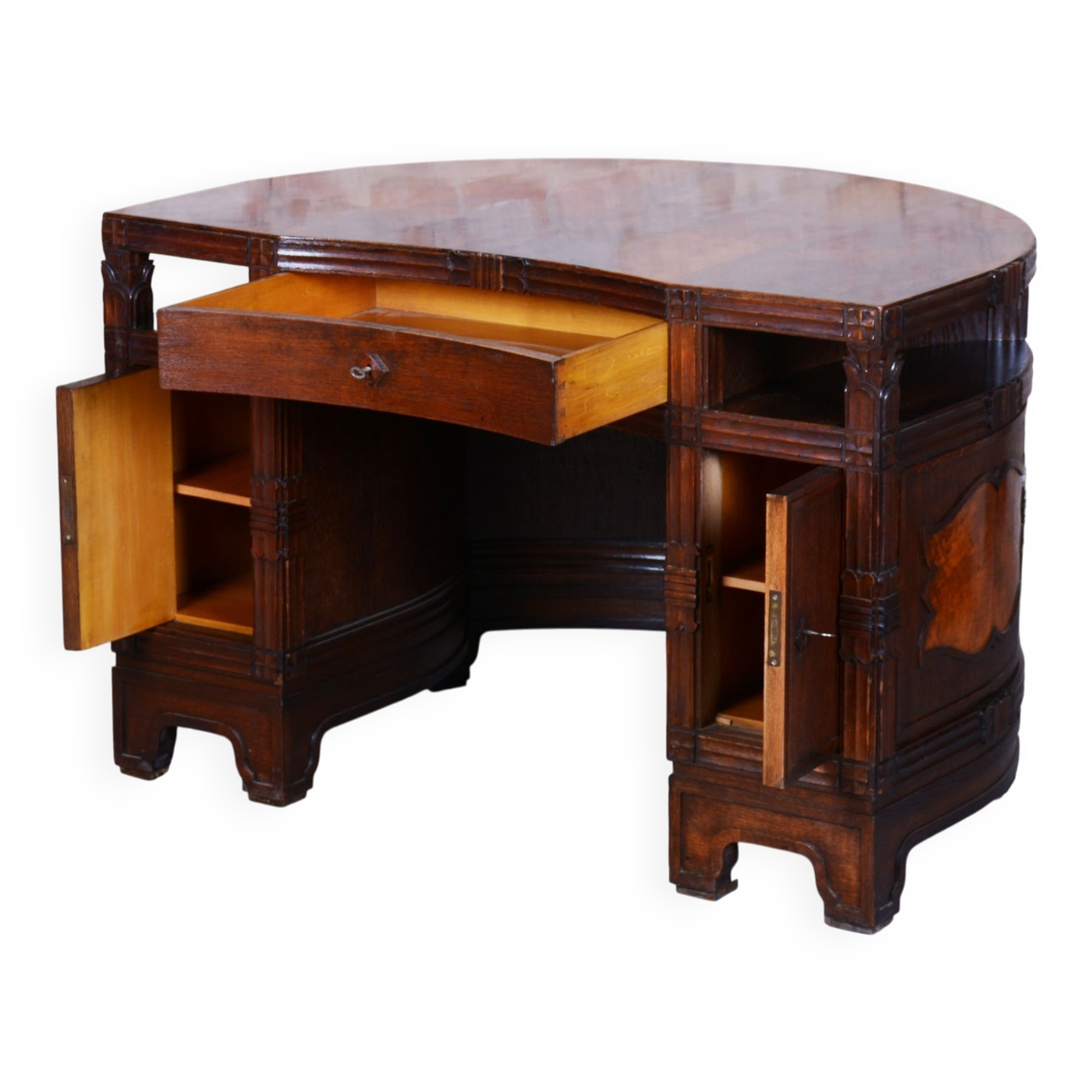 Czech Cubistic Writing Desk in Oak and Walnut, 1910s