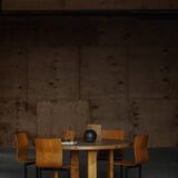 Set of 6 industrial stackable chairs by Niels Larsen, black metal and oak, 1960s.