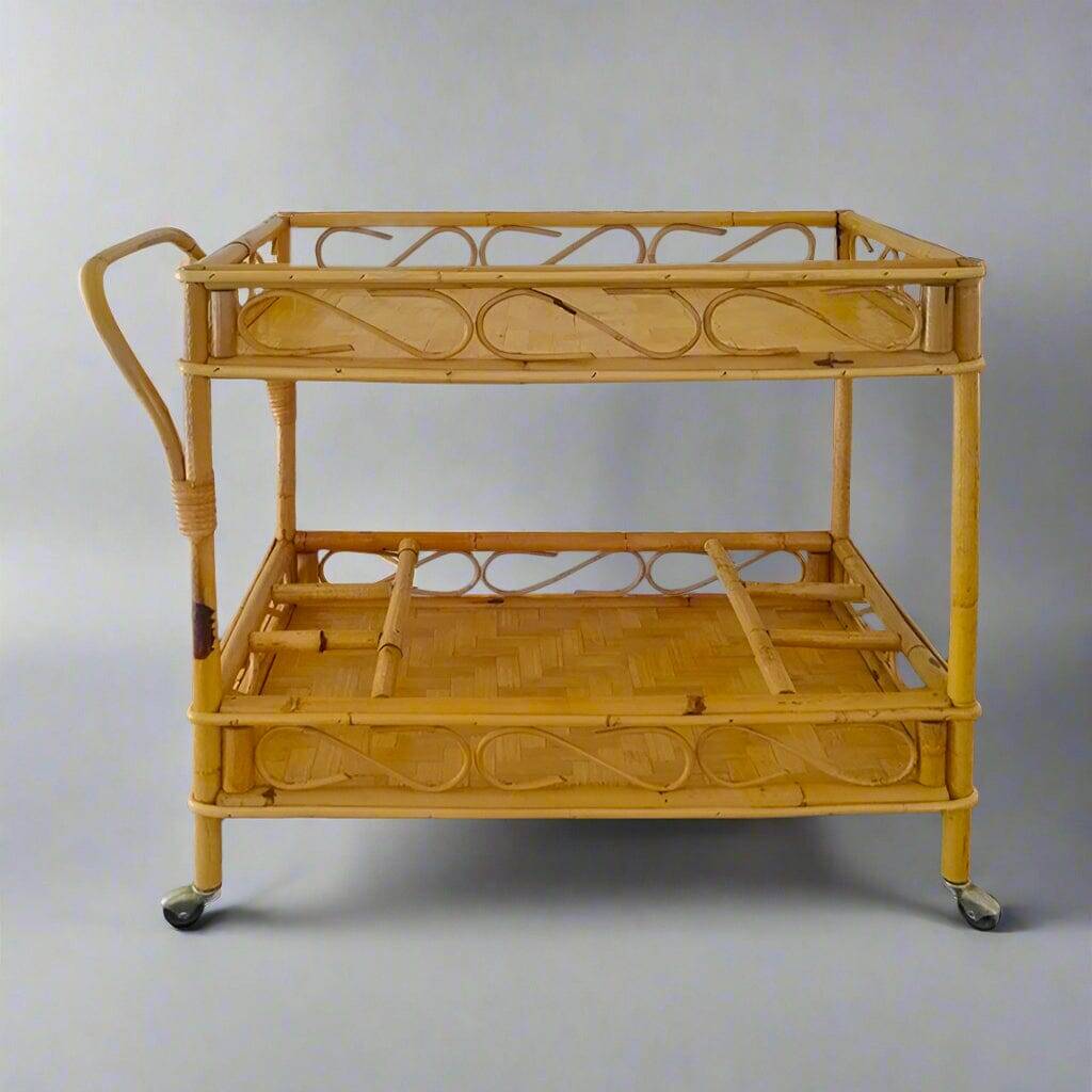 1960s Exquisite Italian Bamboo & Rattan Bar Cart by Franco Albini - Mid Cen