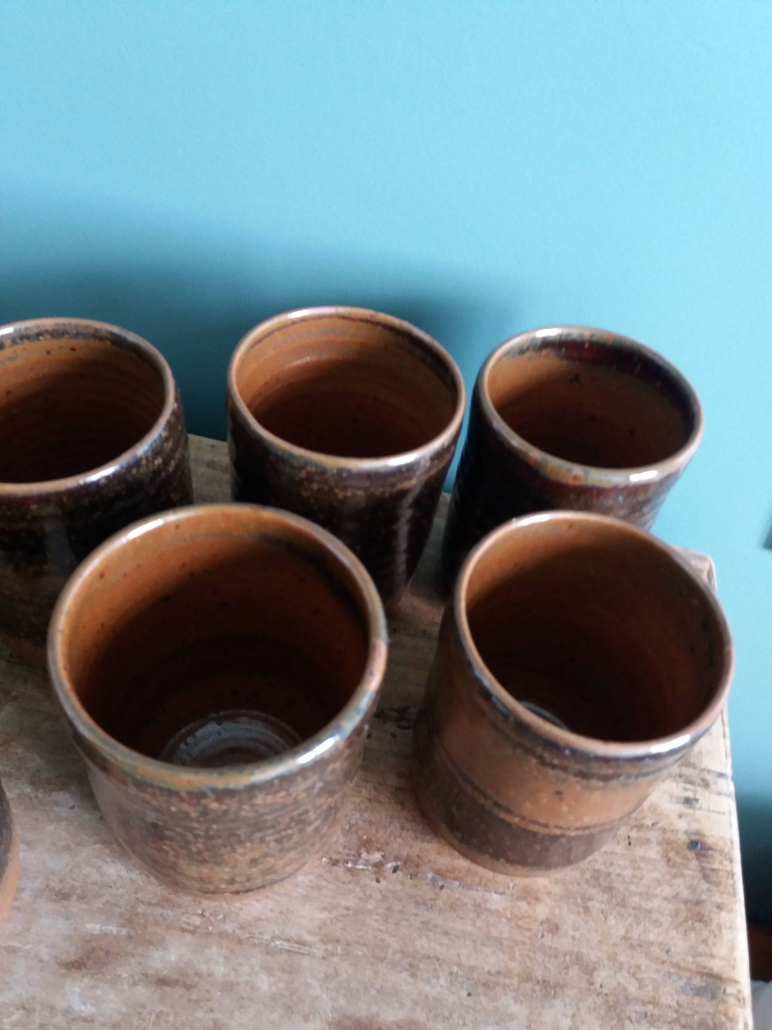 Handcrafted stoneware glass cups, signed, Fontgombault Abbey