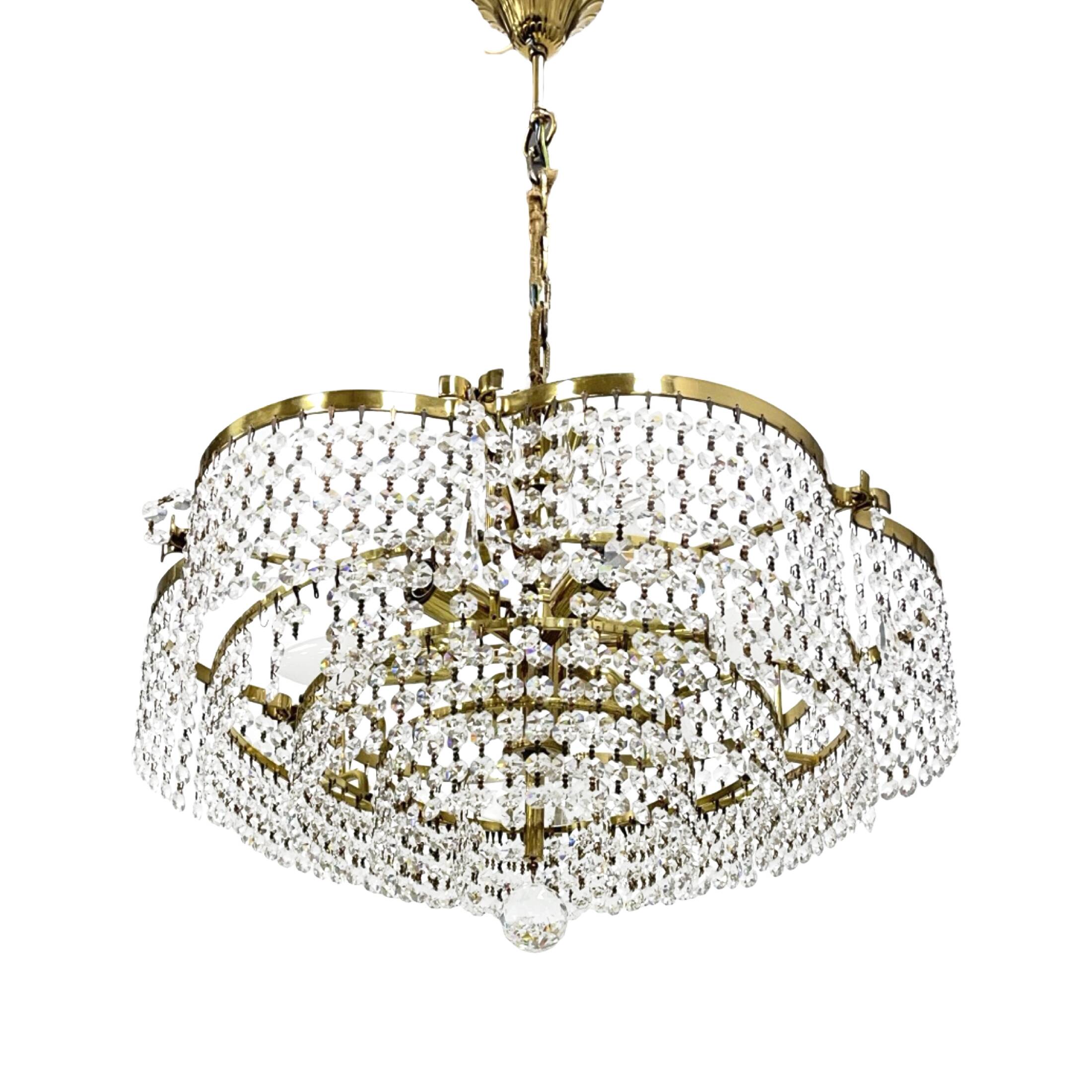 Vintage basket crystal chandelier Bakalowits & Söhne brass, Austria 1970s
