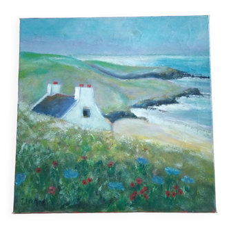 oil on canvas landscape Breton marine coast signed J.Lecigne